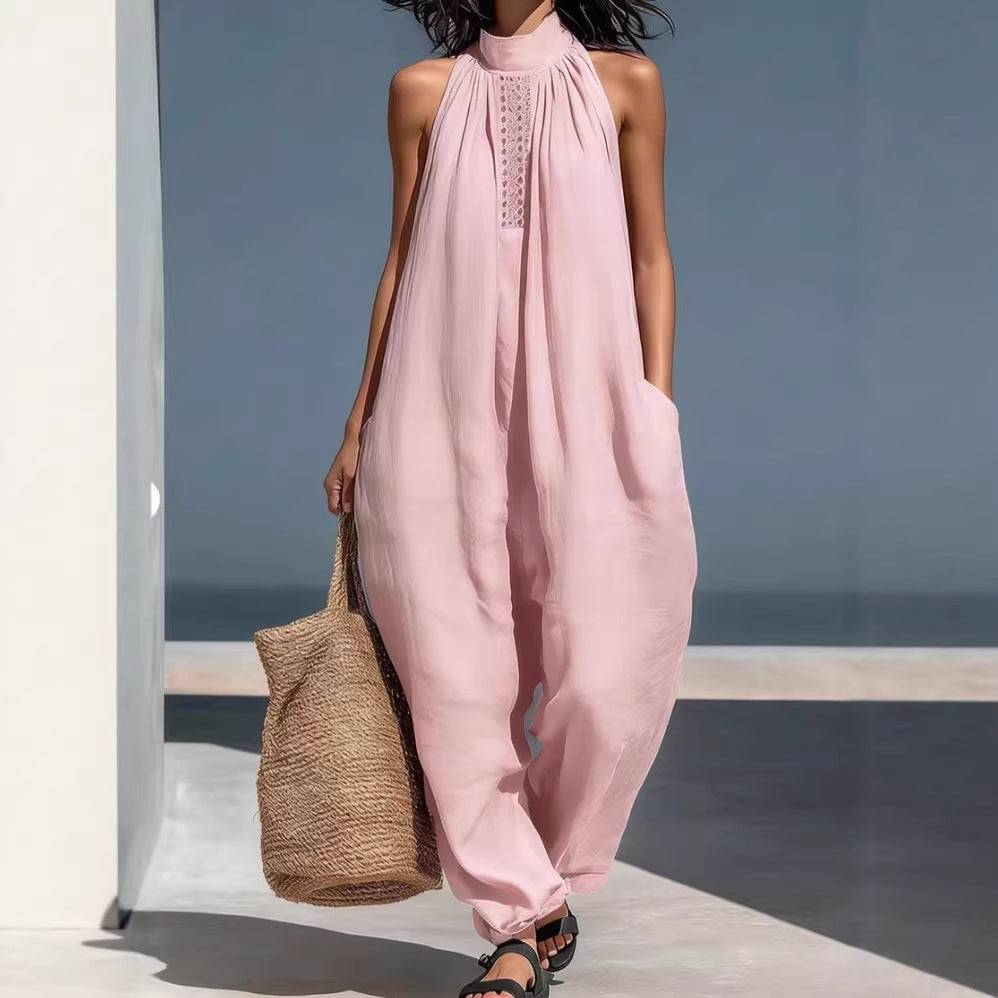 Women's Casual Sleeveless Stand-Collar Loose Jumpsuit