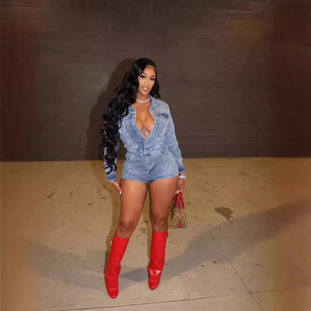 Sexy Long-Sleeve Slim-Fit Stretch Denim Jumpsuit Shorts