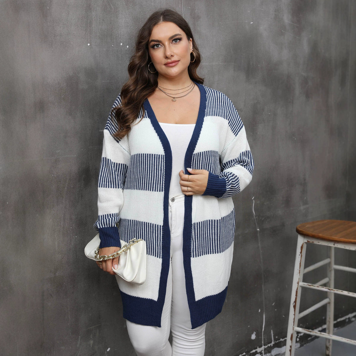Color Blocking Patchwork Striped Knitted Cardigan for Women