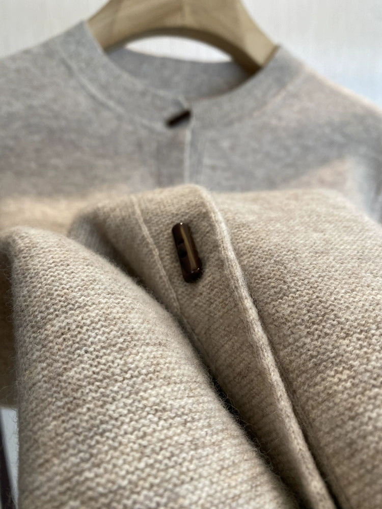 Womens Chinese-style Button-up Wool Crew-neck Knit Cardigan