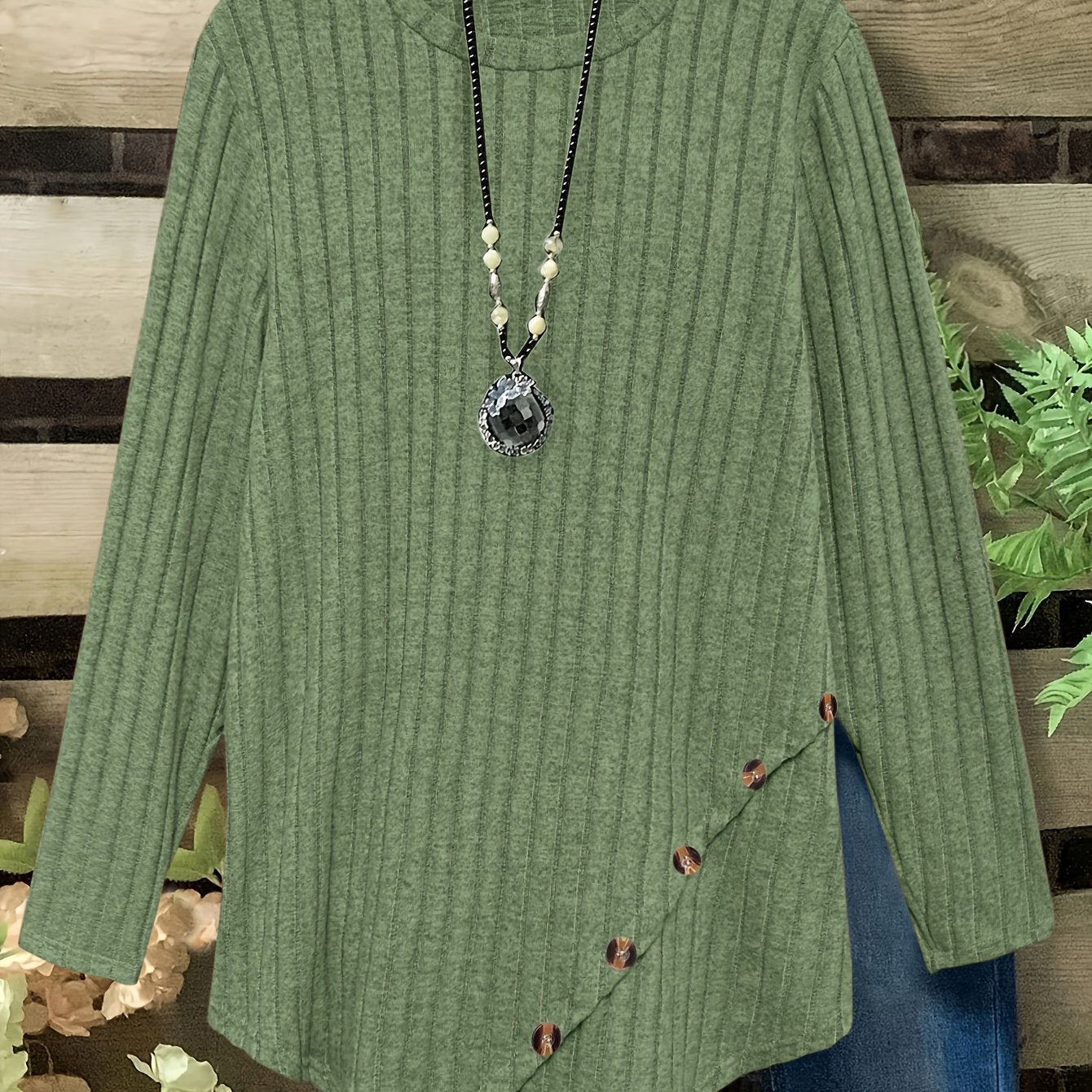 Plus Size Lightweight Ribbed Long Sleeve T-Shirt with Asymmetrical Hem