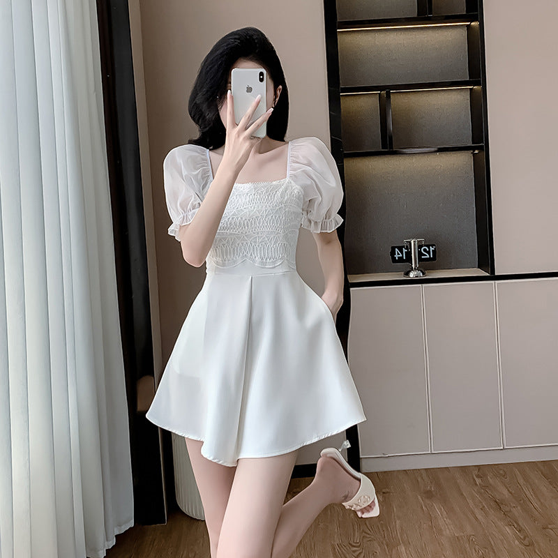 Lace Square Collar Puff Sleeve Slim-fit Jumpsuit