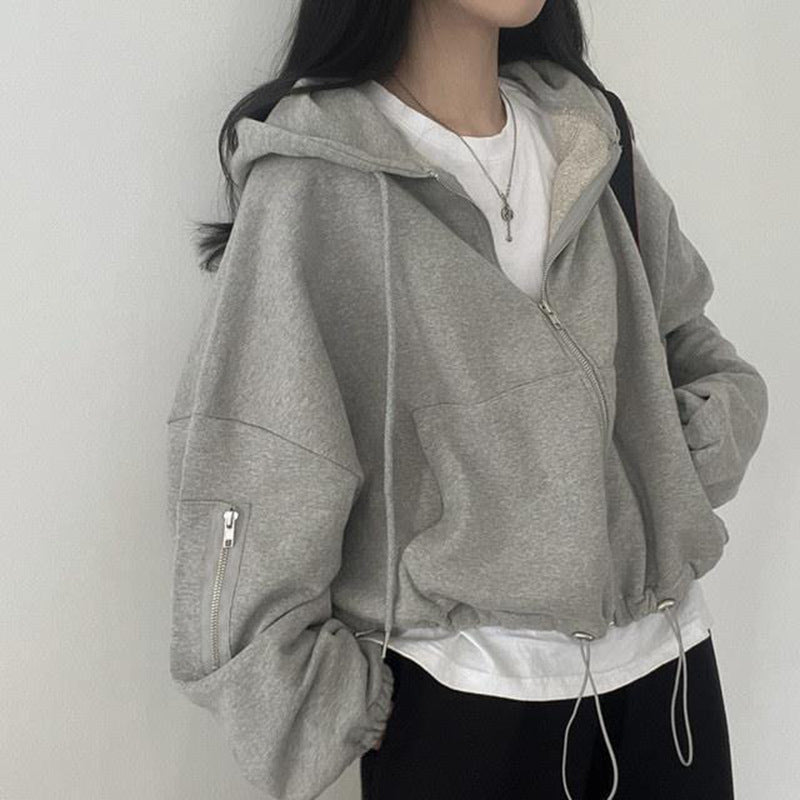 Casual Loose Fit Drawstring Pocket Hoodie Coat