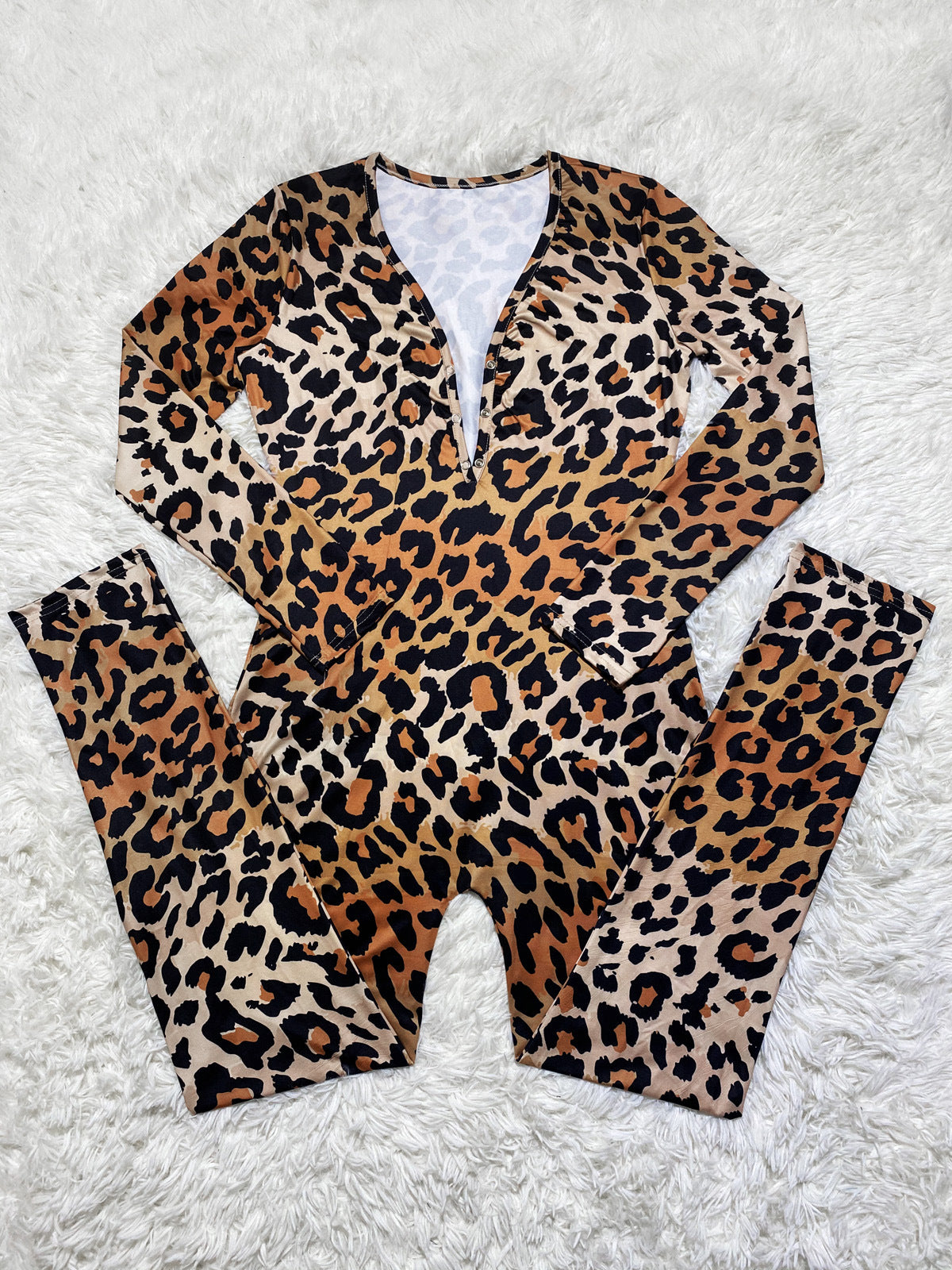 Chic Leopard Print Long Sleeve Home Jumpsuit