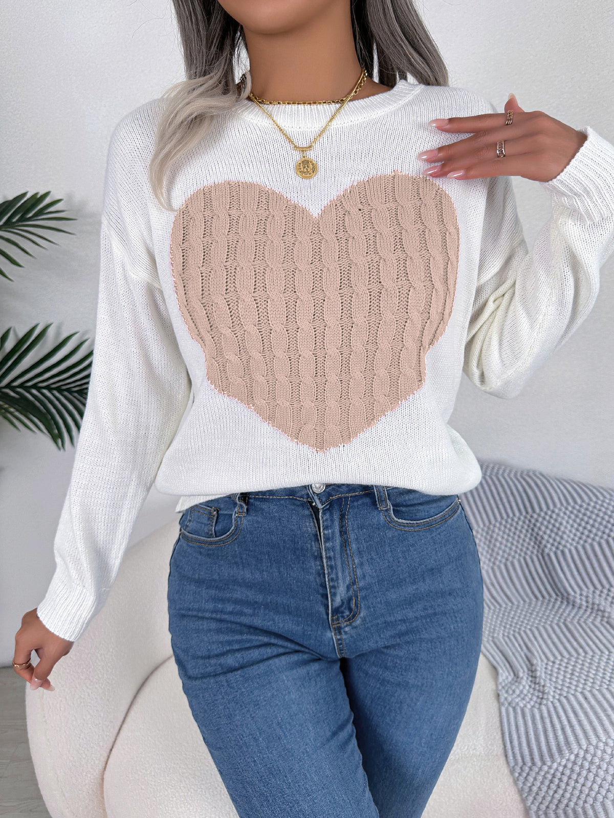 Women Cable Knit Heart Long Sleeve Pullover Sweater