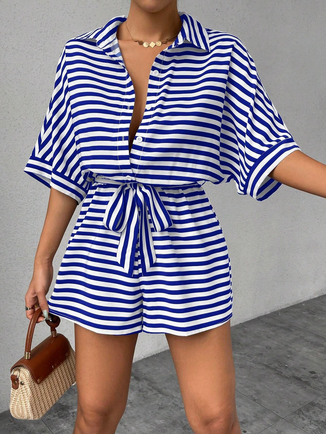 Summer Striped Lapel Belted Jumpsuit