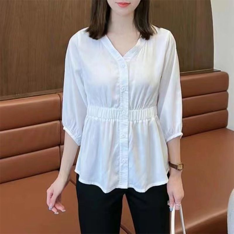 Women's Casual Simple Waist Cinched Seven Quarter Sleeve Shirt