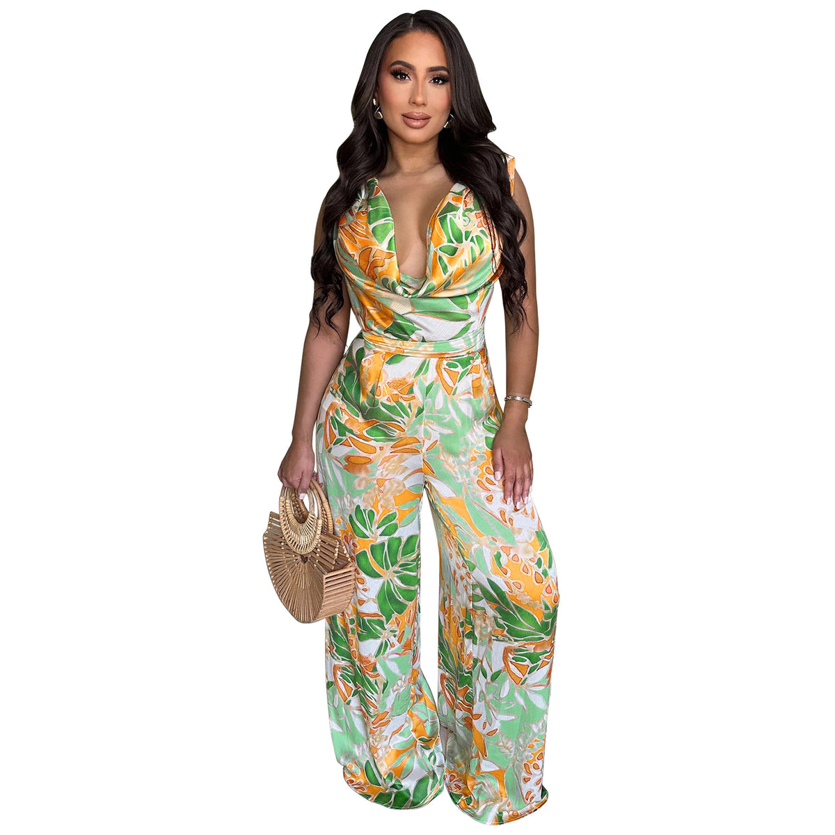 Women's Sleeveless Lace-up Wide-leg Printed Jumpsuit