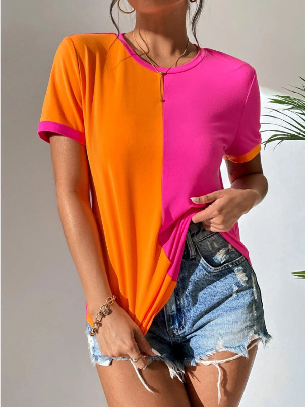 Casual Colorblock Short Sleeve Round Neck Tee
