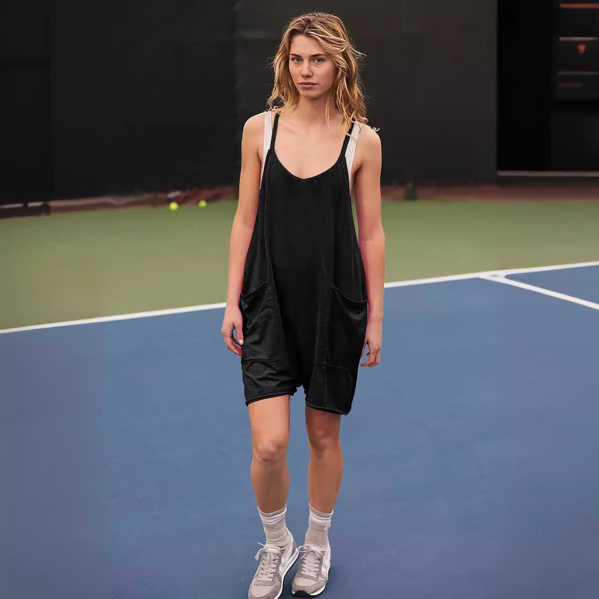 V Neck Casual Slip Dress With Zippered Pockets And Shorts