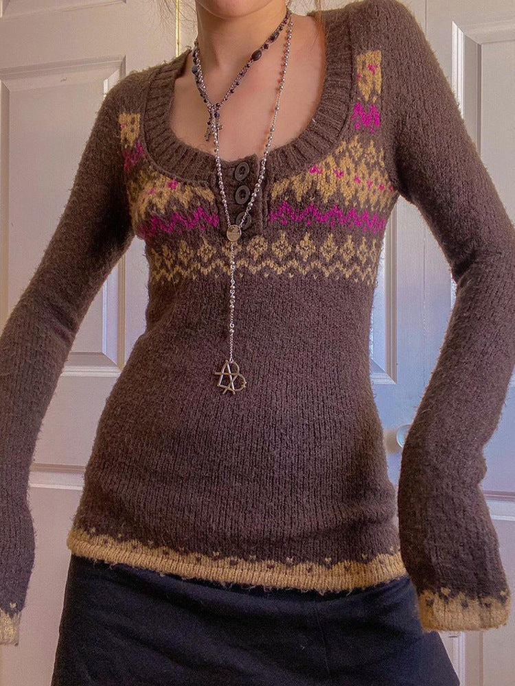 Elegant Base-layer Color-block Crew-neck Long-sleeve Knit Sweater