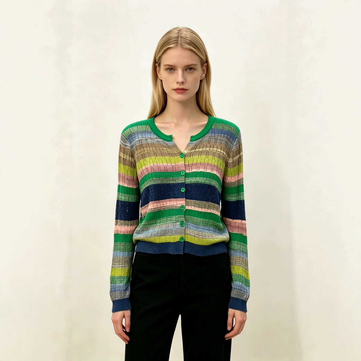 Womens Hollow-out Color-block Striped V-neck Knitted Cardigan Top