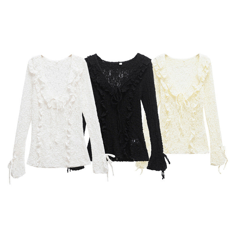 Spring And Summer Women's Long-sleeved Slim Lace Laminated Decoration Top