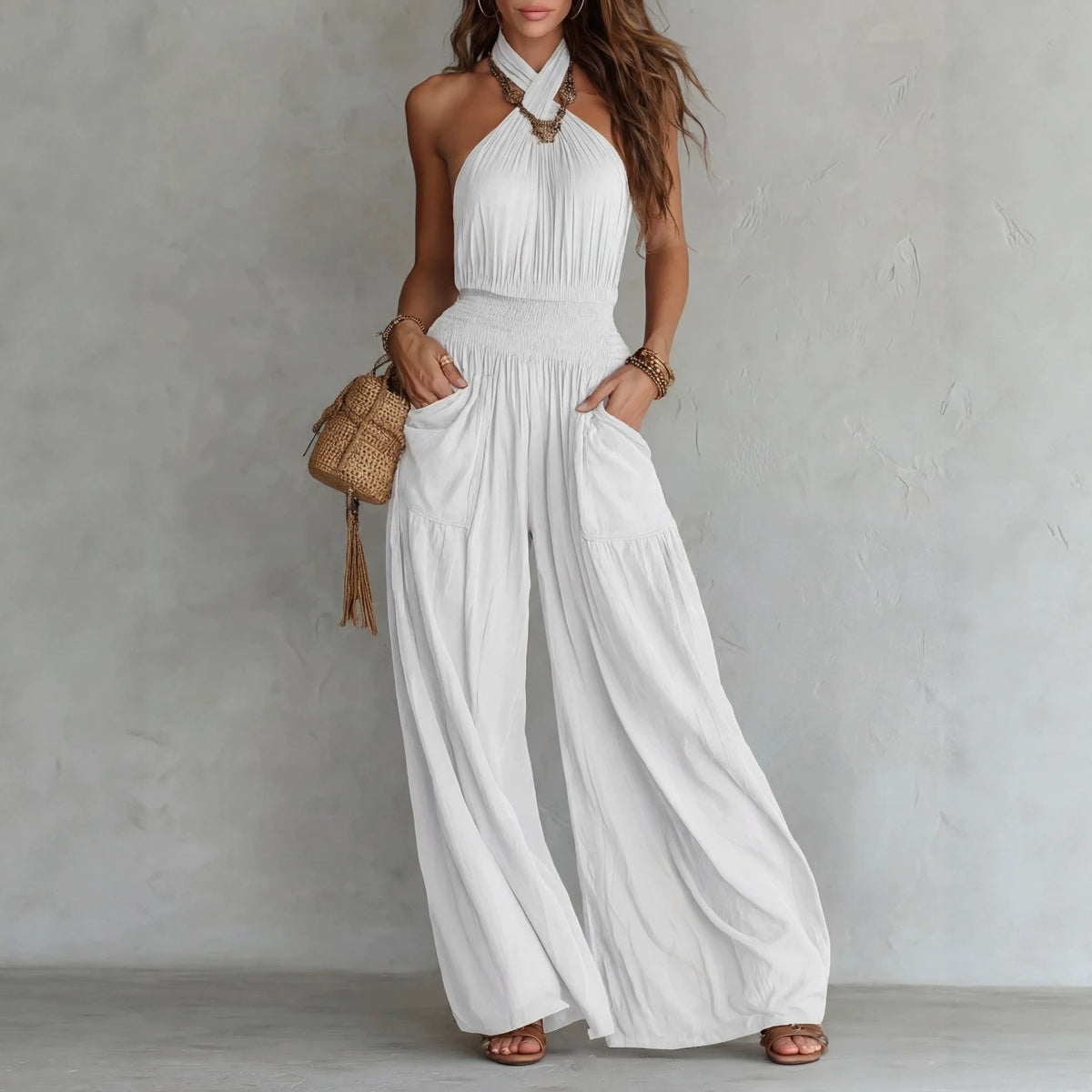 Bohemian Backless Wide Leg Jumpsuit with Pockets