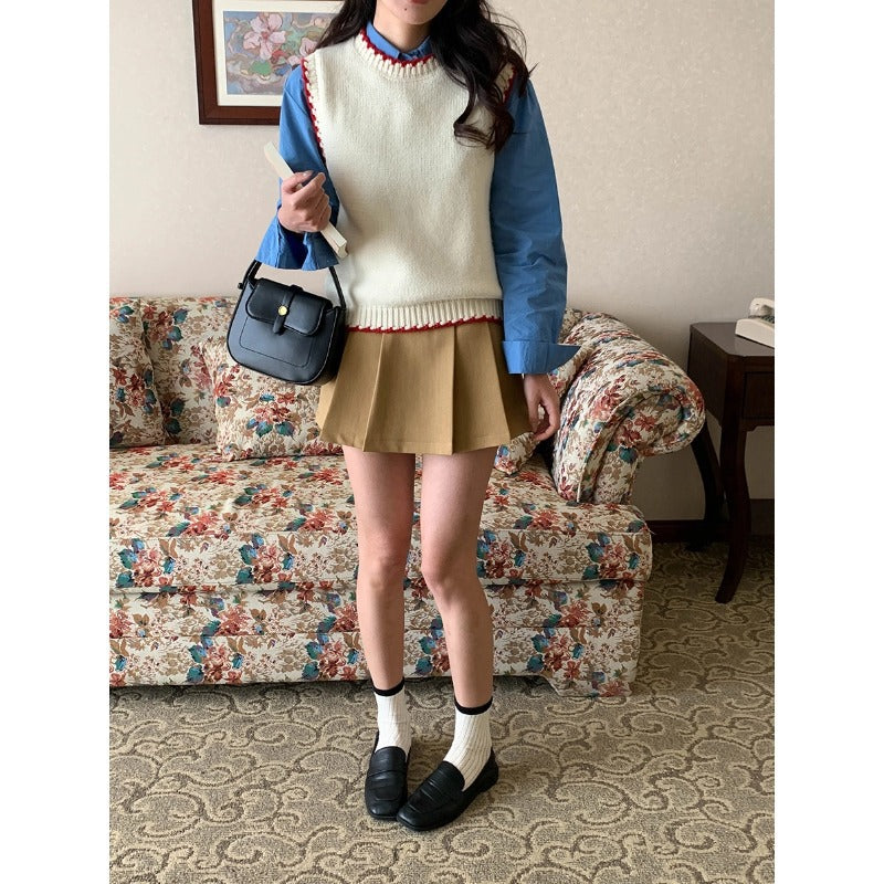 Womens Color-block Seamed Crew-neck Knitted Vest