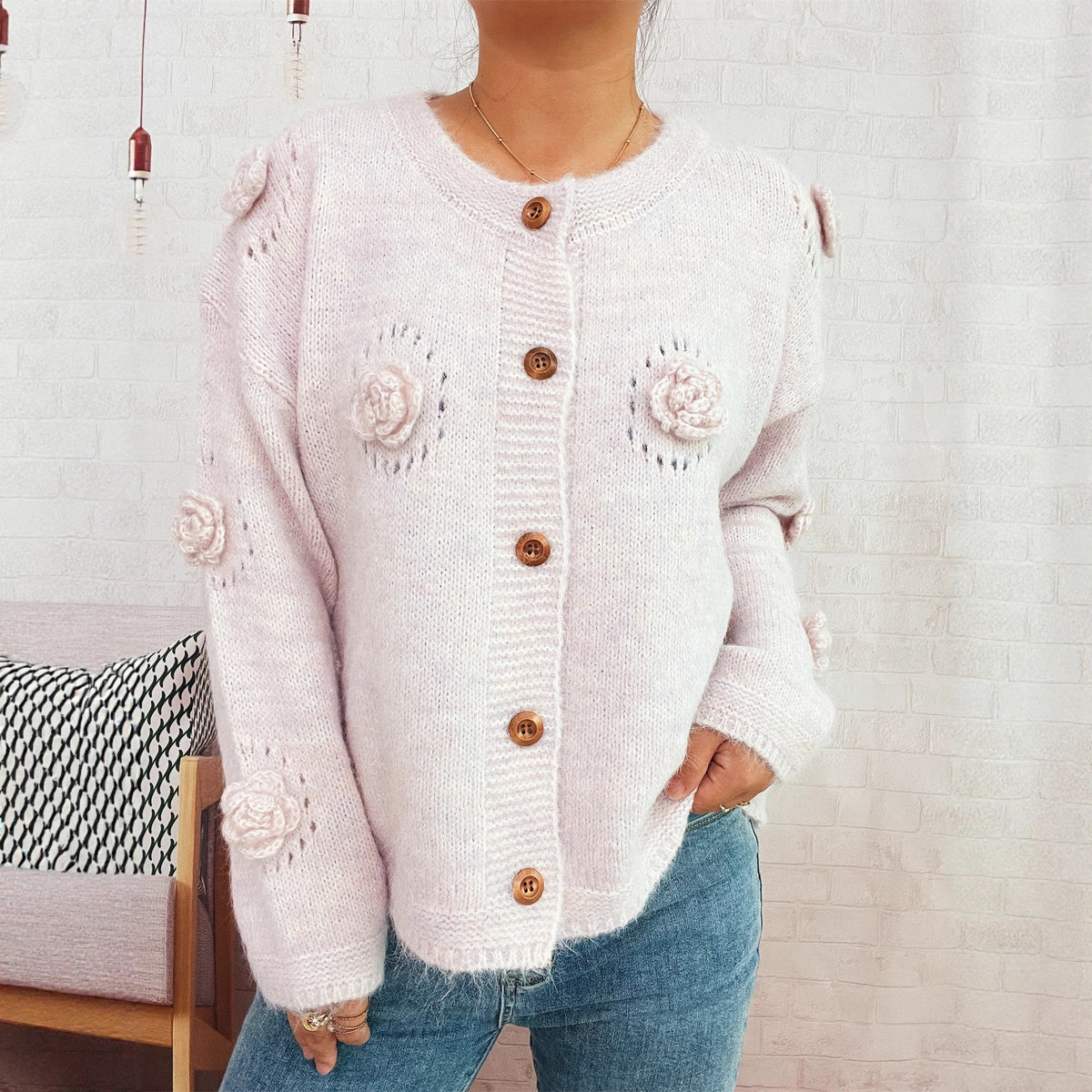 Three-dimensional Flower Cutout Knitted Coat Round Neck Cute Sweater