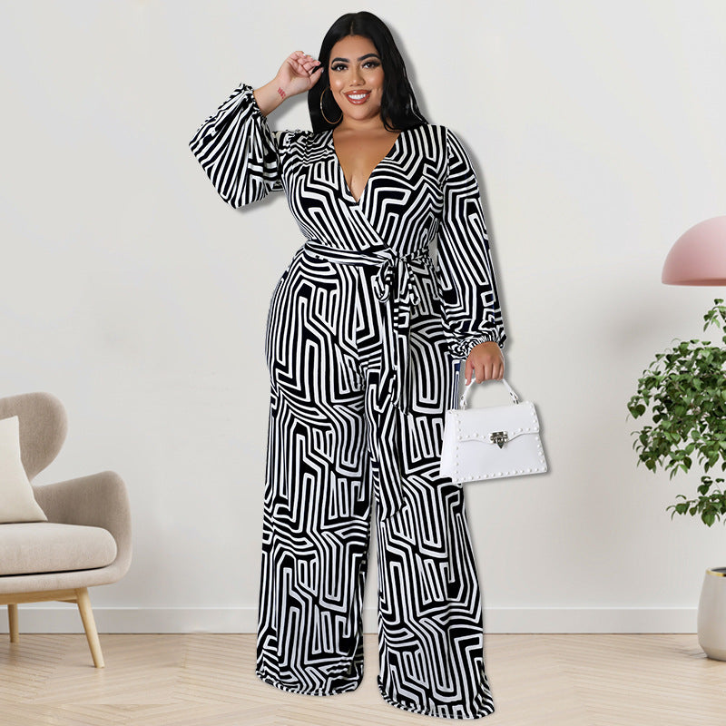 Elegant Long-Sleeve Straight-Leg Plus Size Jumpsuit