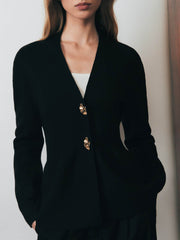 Metal Button Cardigan V-neck Long Sleeve Slit Sweater Women