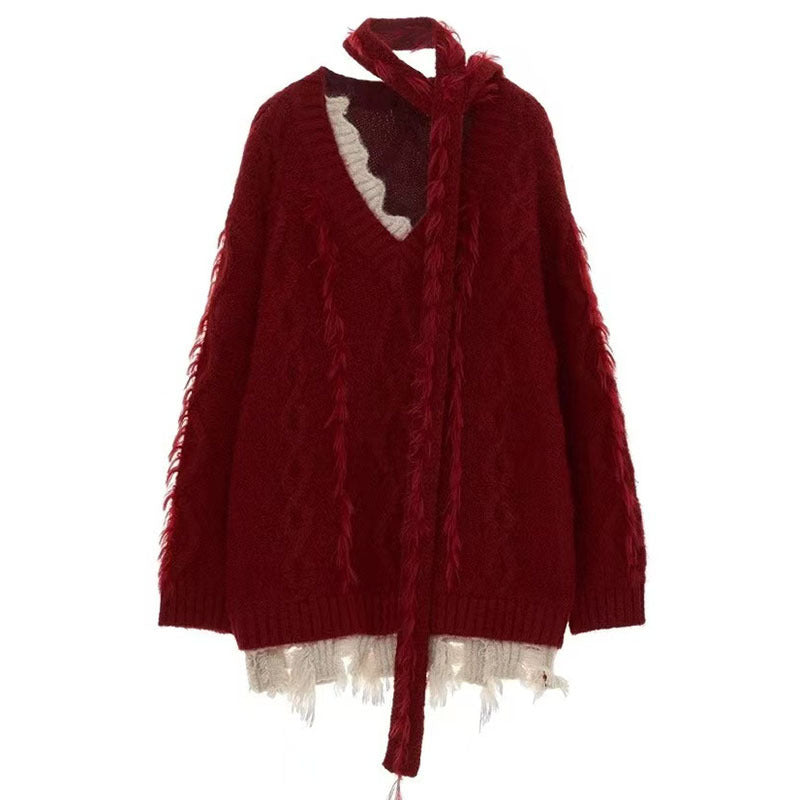 Womens Red Cowl Scarf Tie Cable-knit V-neck Pullover