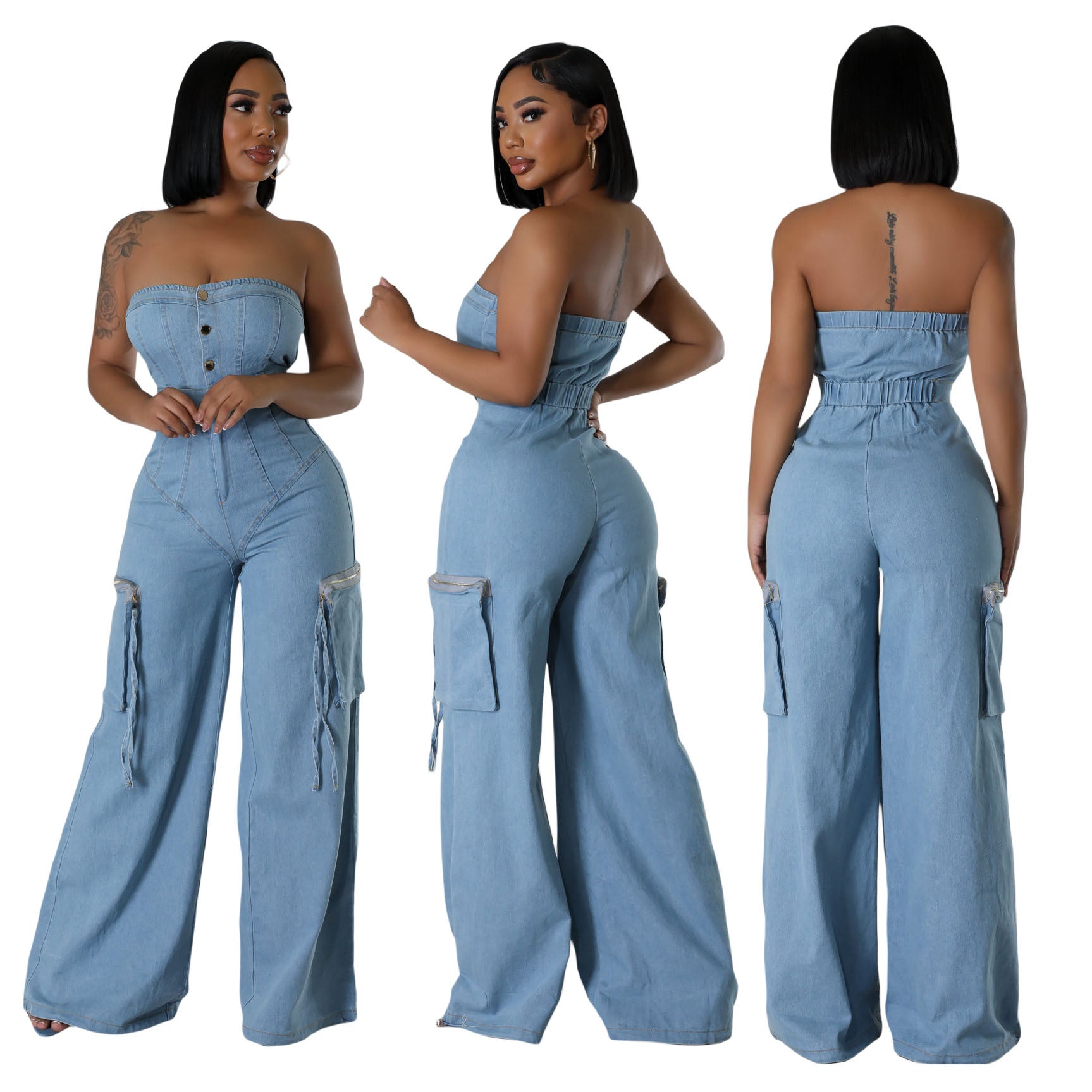 Women's Casual Off-Shoulder Slim-Fit Denim Jumpsuit Overalls