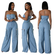 Women's Casual Off-Shoulder Slim-Fit Denim Jumpsuit Overalls