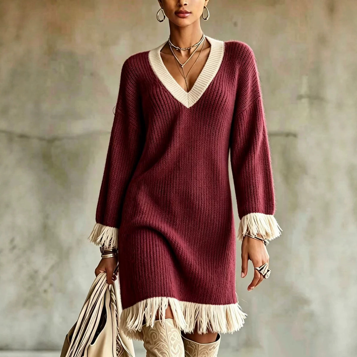 Colorblock V-Neck Tassel Knit Midi Sweater Dress