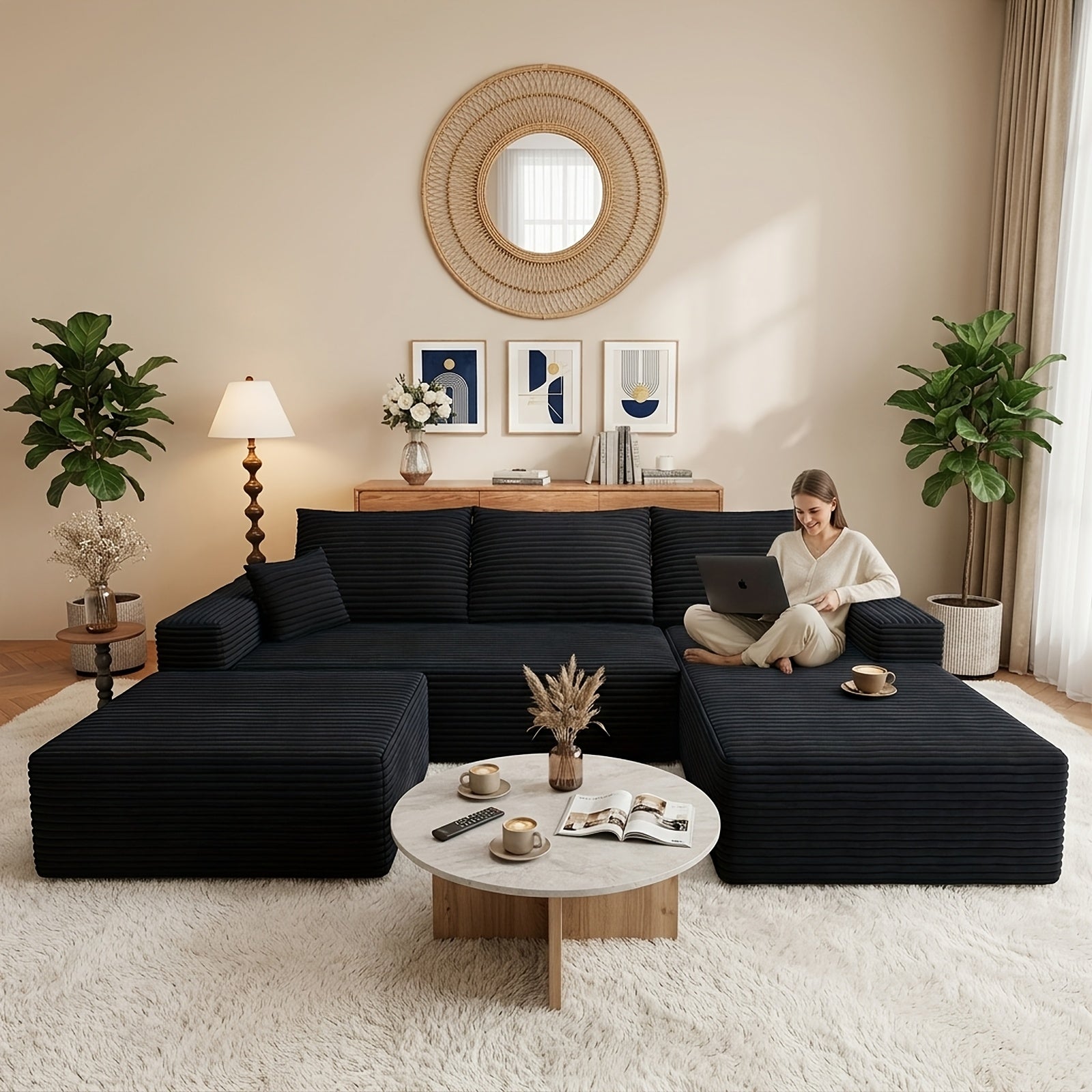 Modular L-shaped chaise longue sofa bed with deep seat and corduroy upholstery