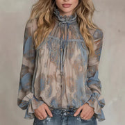 Womens Retro Long-Sleeve Stand-Neck Lace-Up Ruffle Flare-Sleeve Shirt