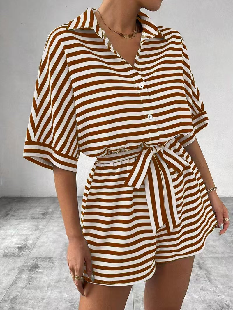 Summer Striped Lapel Belted Jumpsuit
