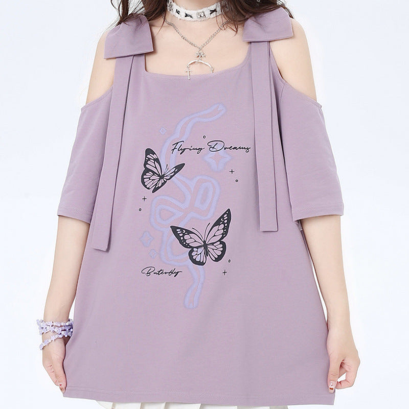 Women's Off‑Shoulder Bow‑Detail Short‑Sleeve Top – Flirty Printed Blouse