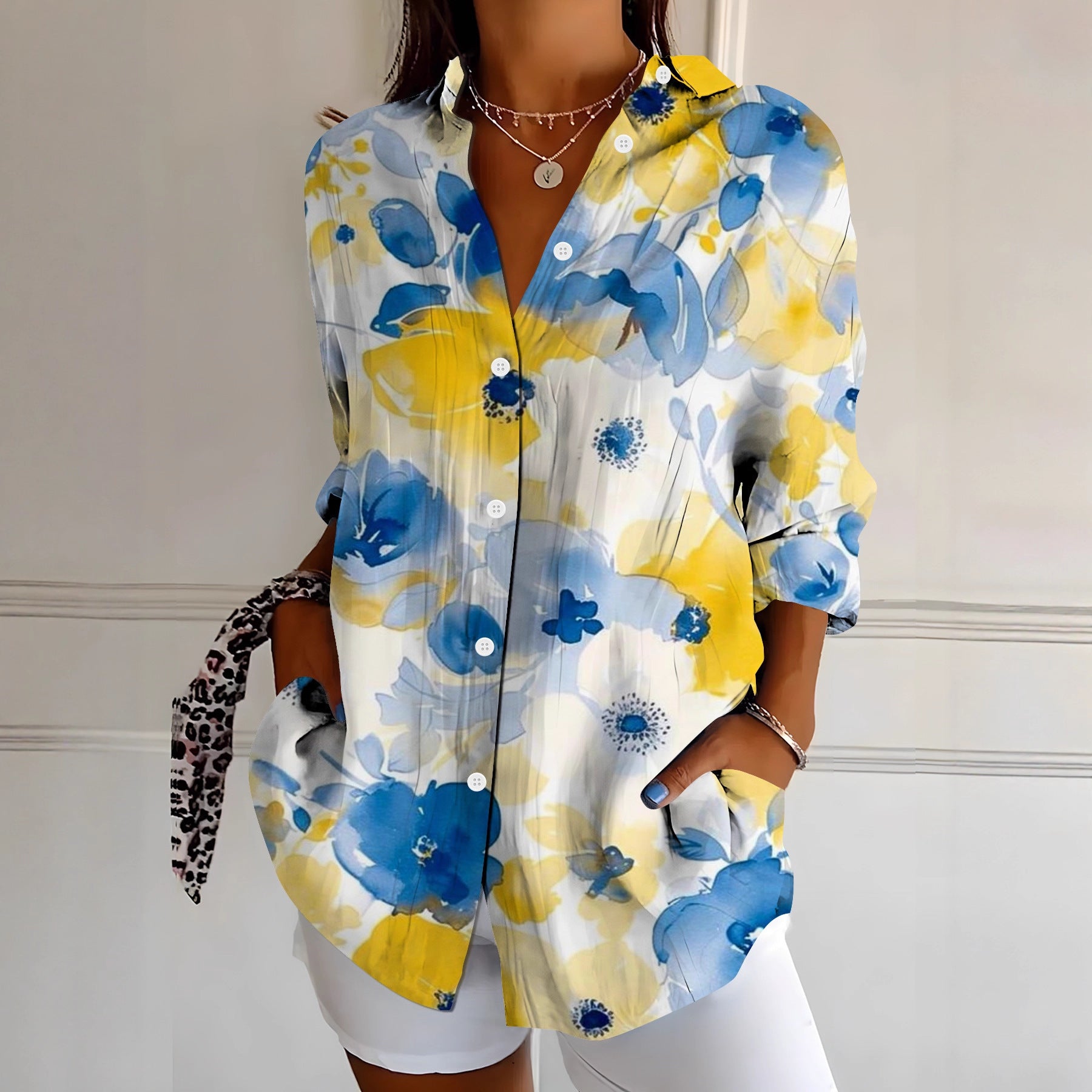 Womens Vibrant Colorful Floral-patterned Long-sleeve Shirt