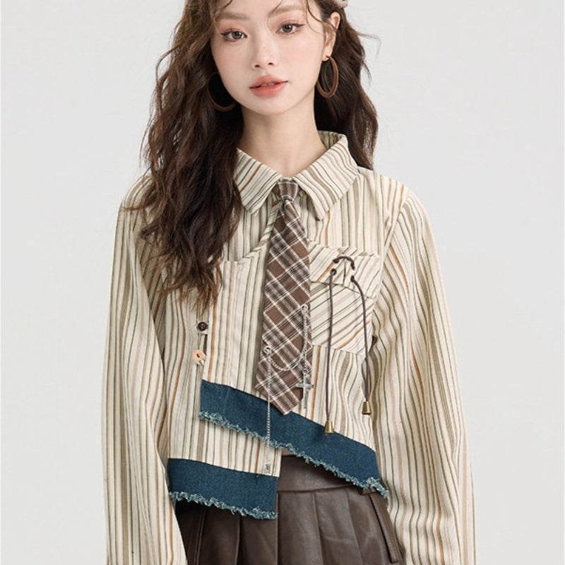 Preppy Style Springsummer Chic Striped Shirt Women's Irregular Short Long Sleeve
