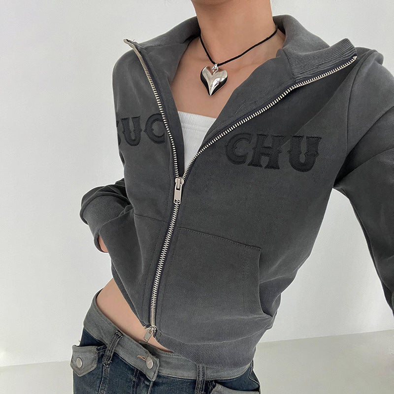 Embroidered Zip Knit Cardigan Casual Sweater