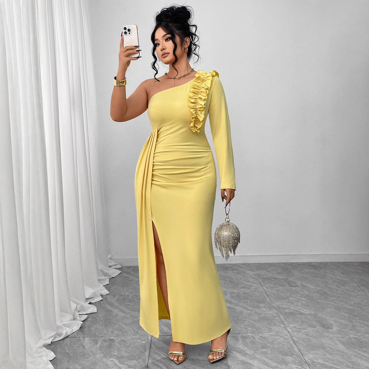 Womens Solid-color Fashionable Yellow One-shoulder Dress with Ruffled Hem and High Slit