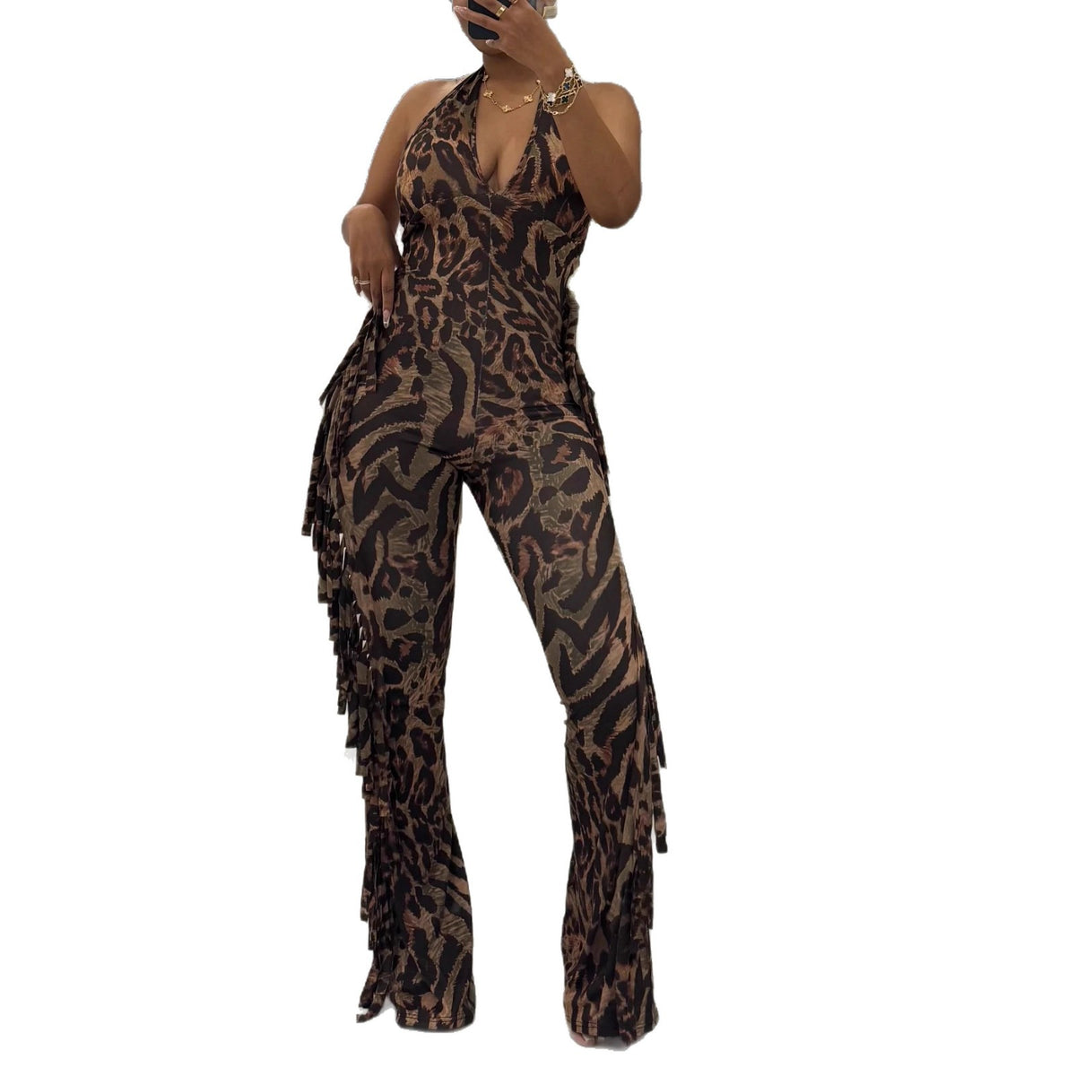 Backless Fringed Halter Leopard Flared Jumpsuit
