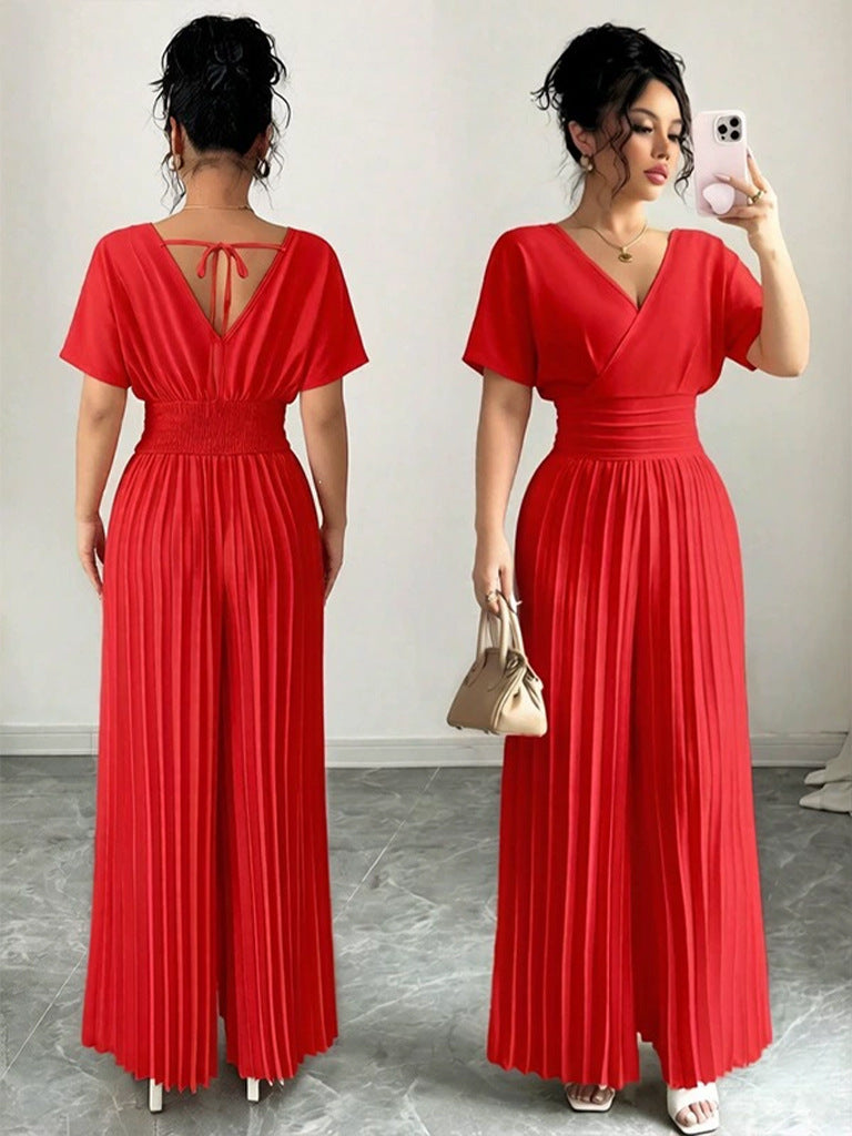Solid-color Pleated Jumpsuit Pants For Women