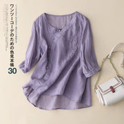 Plus Size Slimming Cotton And Linen Top With Buckle Loose Cotton-linen Shirt Women