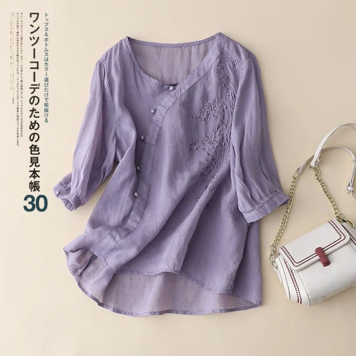 Plus Size Slimming Cotton And Linen Top With Buckle Loose Cotton-linen Shirt Women