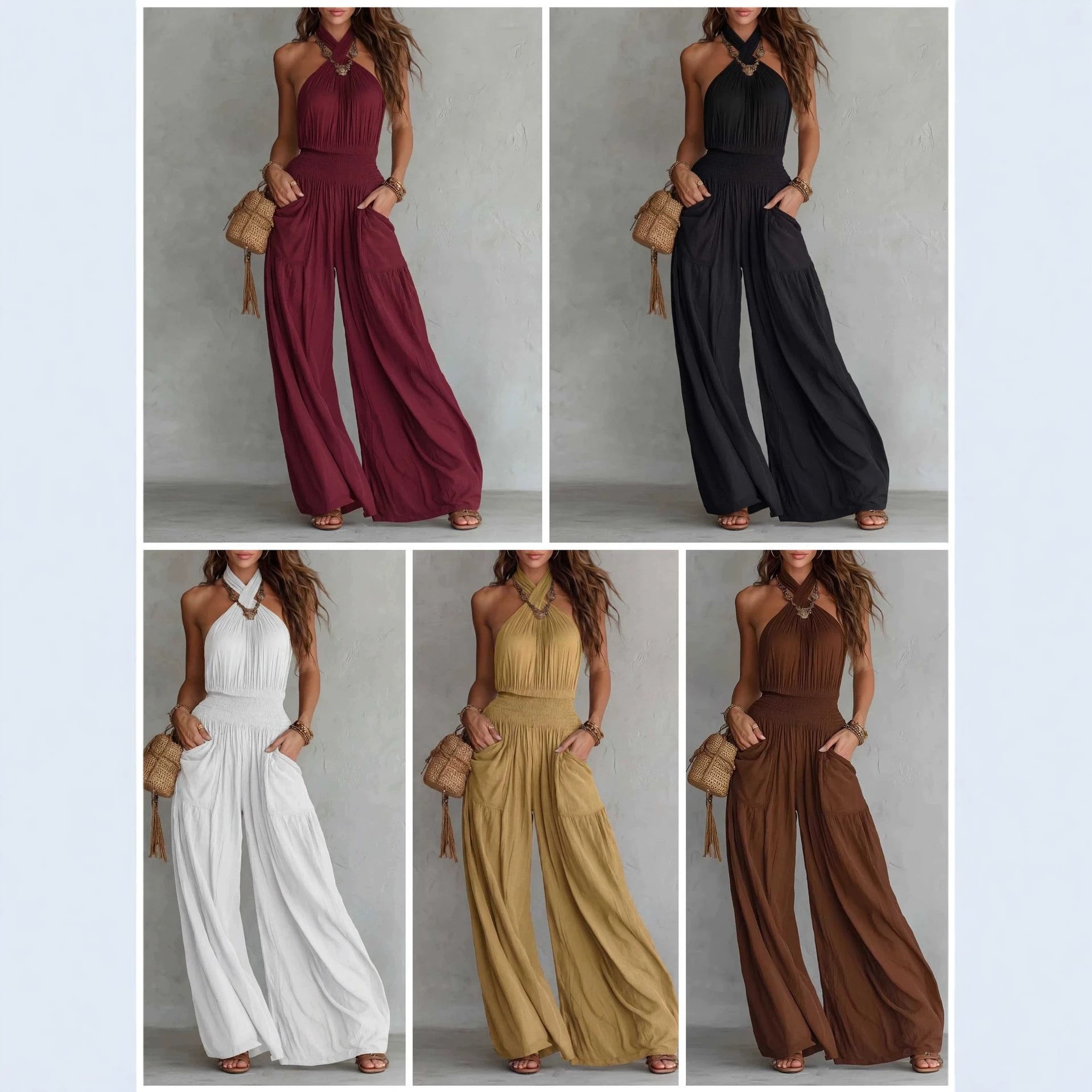 Womens Slim-fit Backless Sleeveless Wide-leg Jumpsuit