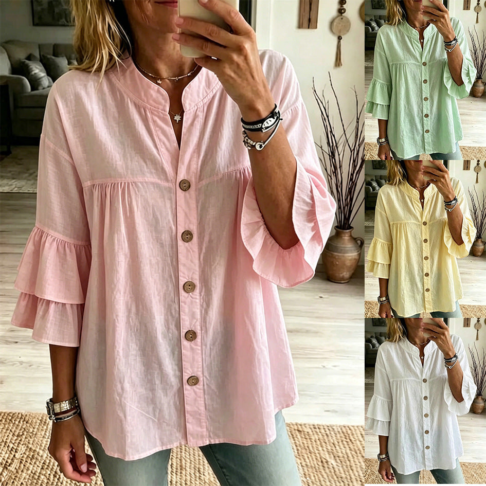 Womens Solid-color Casual Comfortable Cotton Mid-length Blouse