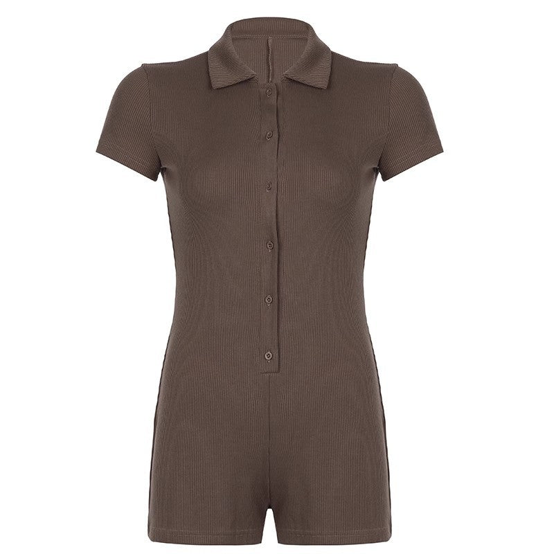Women's Ribbed Lapel Button-Front Short Jumpsuit