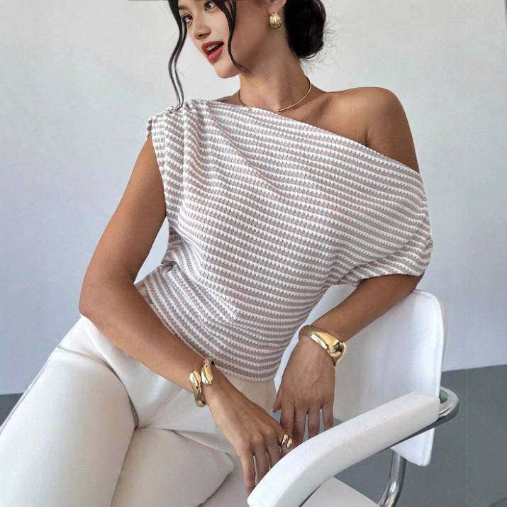 Apricot Striped Off-Shoulder T-Shirt – Asymmetric Short Sleeve Top