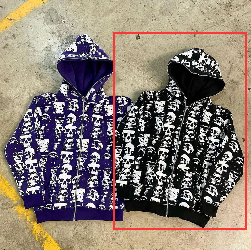 Skull Print Zip-Up Streetwear Hoodie