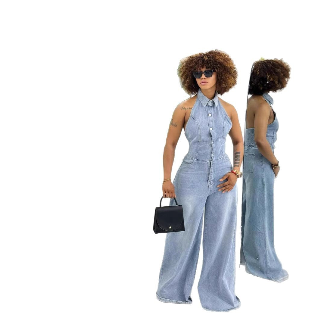 Women's Casual Backless Single-Breasted Denim Jumpsuit