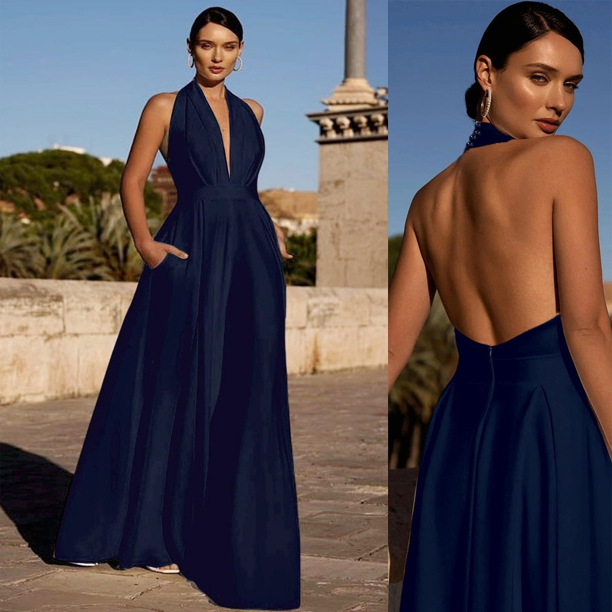 Elegant Halter V-Neck Wide Leg Jumpsuit with Pockets