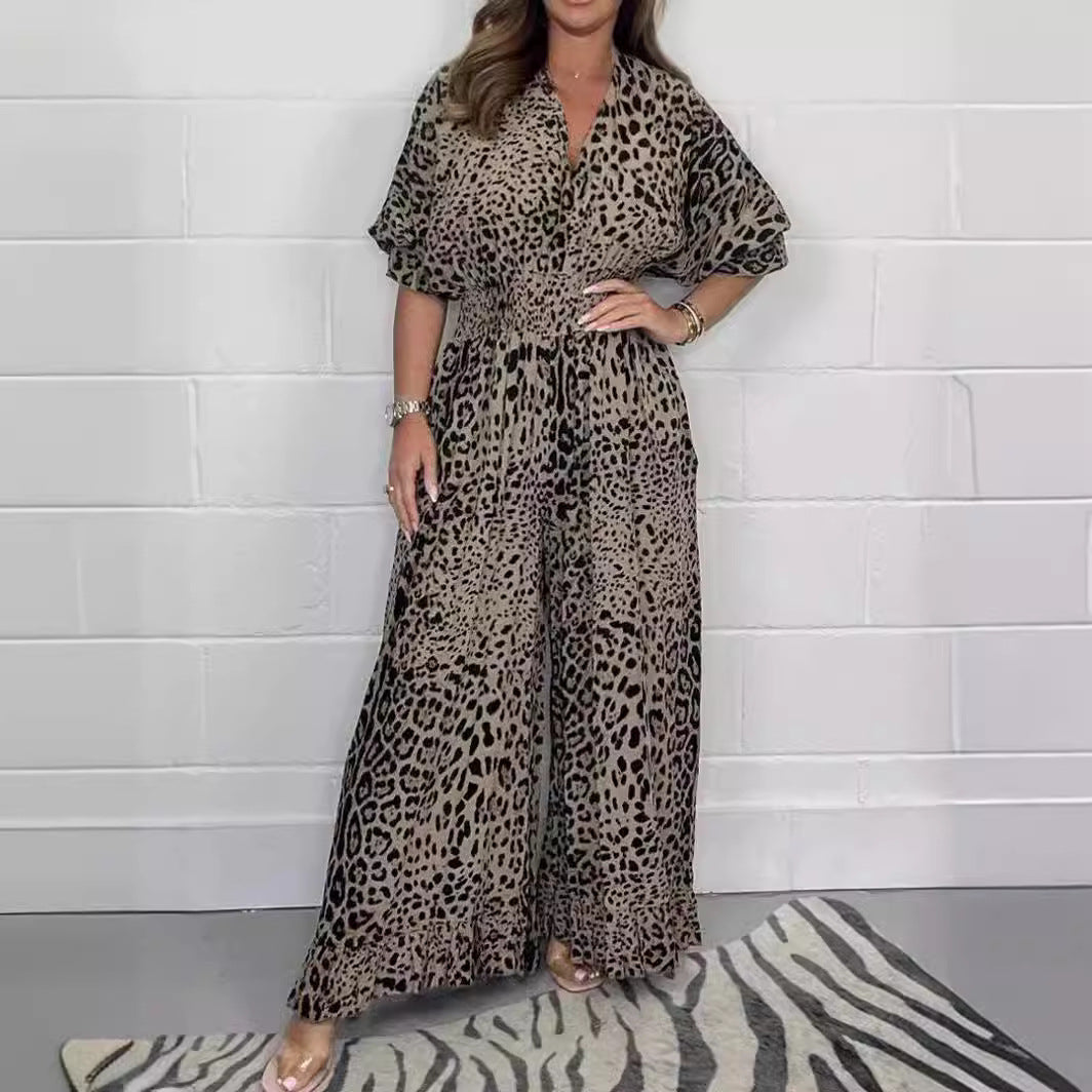 Leopard Print Casual Wide-Leg Jumpsuit