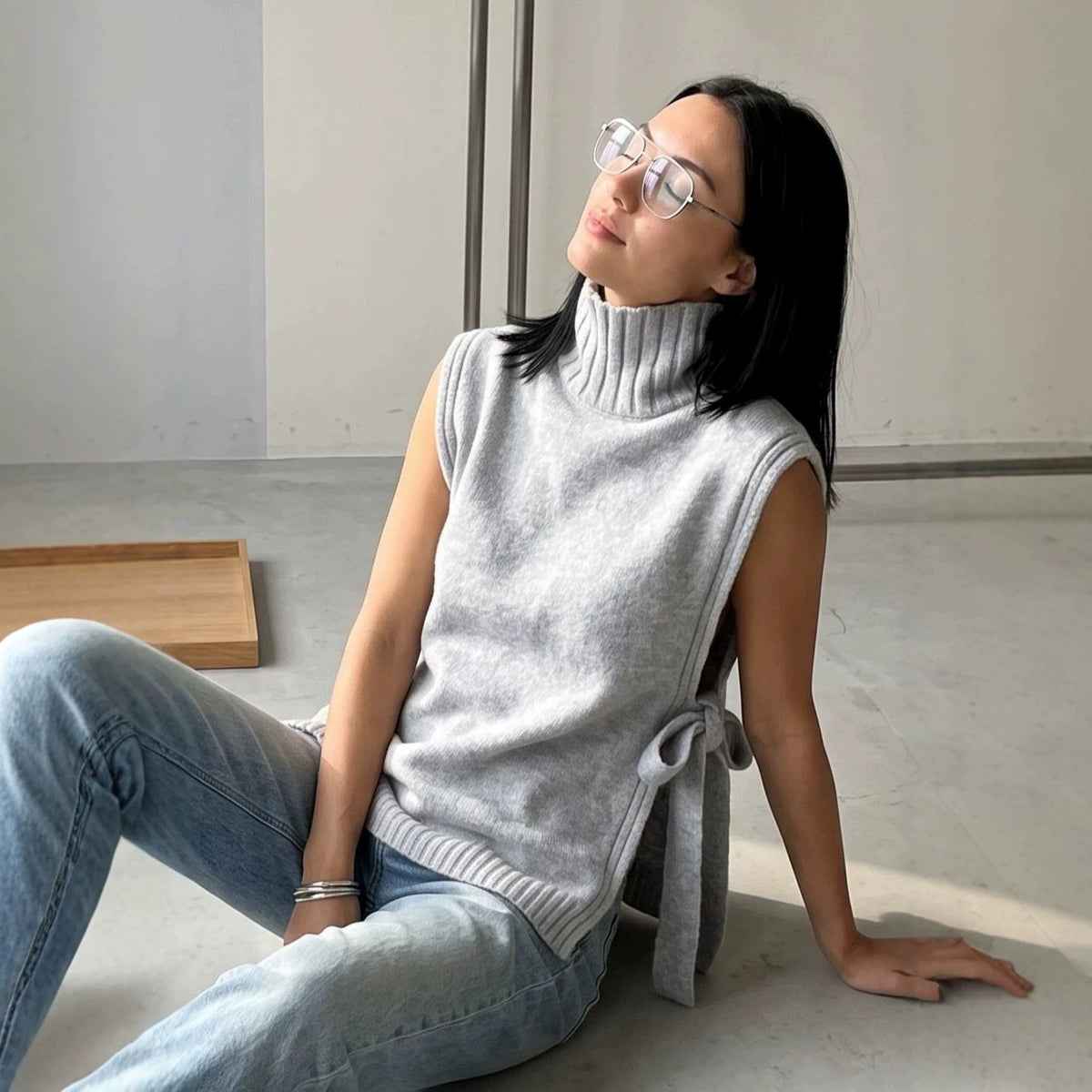 Womens Turtleneck Sleeveless Knitted Vest Loose-fit Sweater