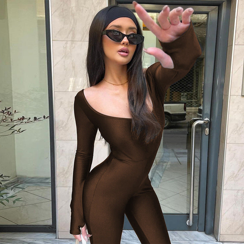 Women's Big U-neck Long-sleeved Slim-fit Sheath Jumpsuit