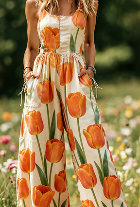 Women's American Retro Print Strappy Wide-Leg Jumpsuit