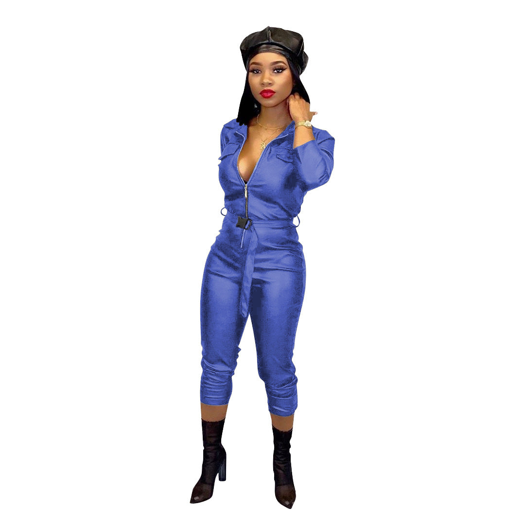 Women's High Elastic Faux Leather Casual Jumpsuit